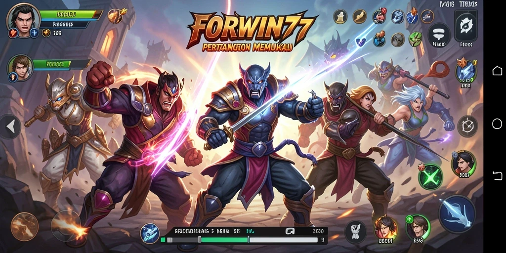 Tampilan gameplay <strong>FORWIN77</strong> saat karakter bertarung di arena.