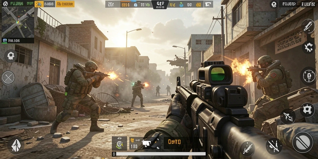 Tangkapan layar utama menunjukkan aksi intens dalam pertempuran FPS.