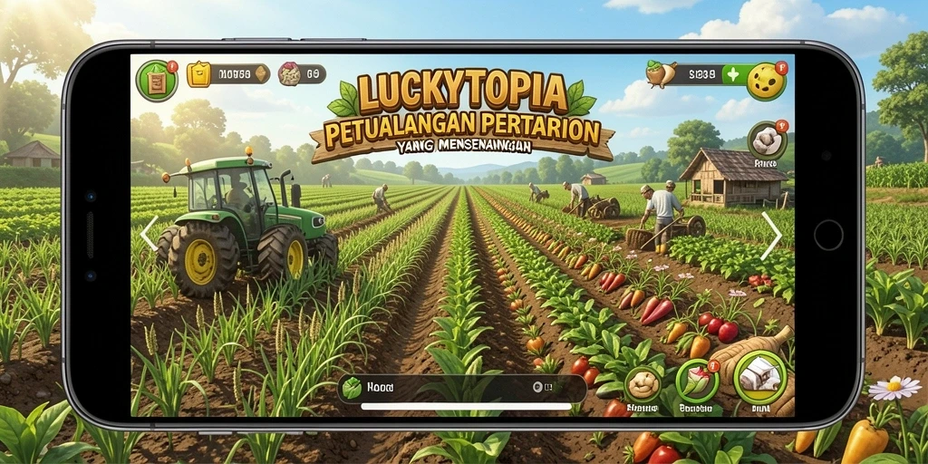 Screenshot gameplay LUCKYTOPIA yang menunjukkan petualangan bertani.